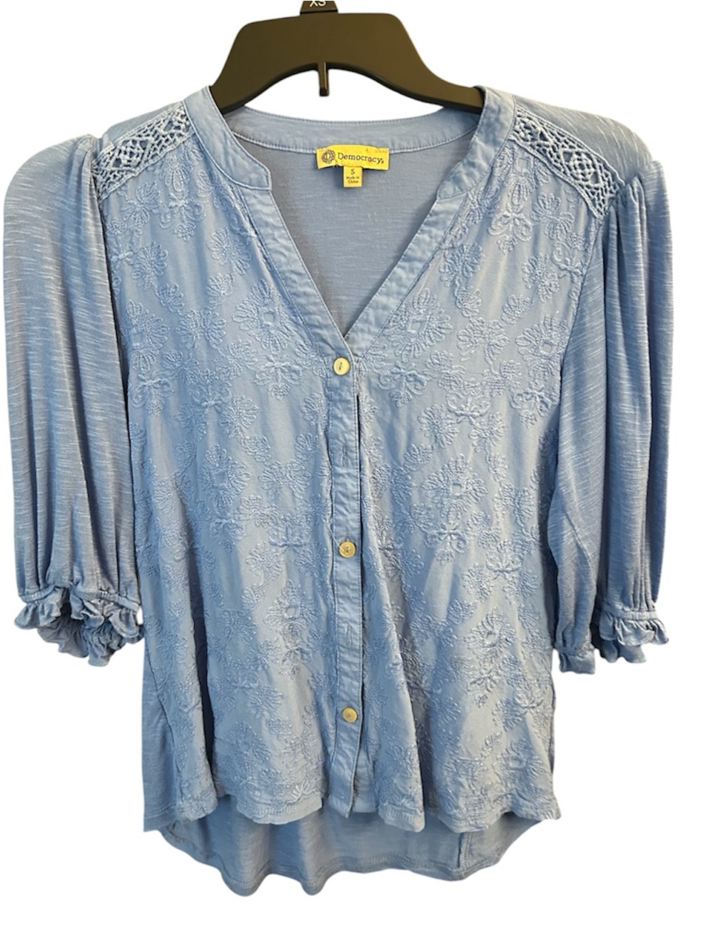 Democracy Soft Blue Embroidered V-Neck Button Blouse